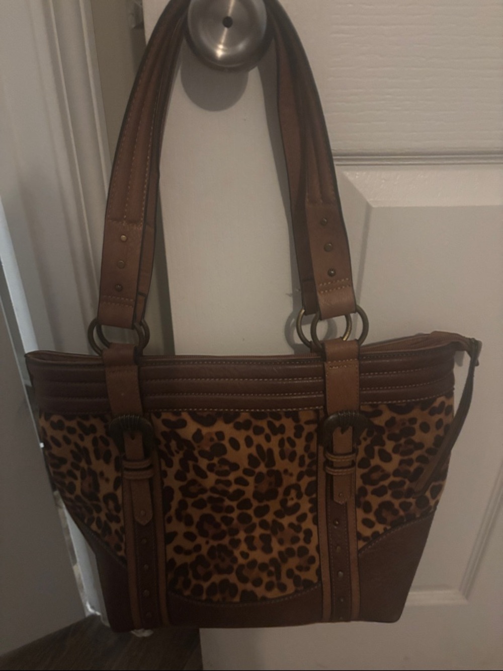 Justin Boots Leopard Print Tote with Tan Leather Trim
